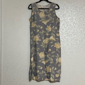 AGB‎ Vintage Grey & Yellow Floral Midi Dress Sleeveless Linen Blend Dress Sz M